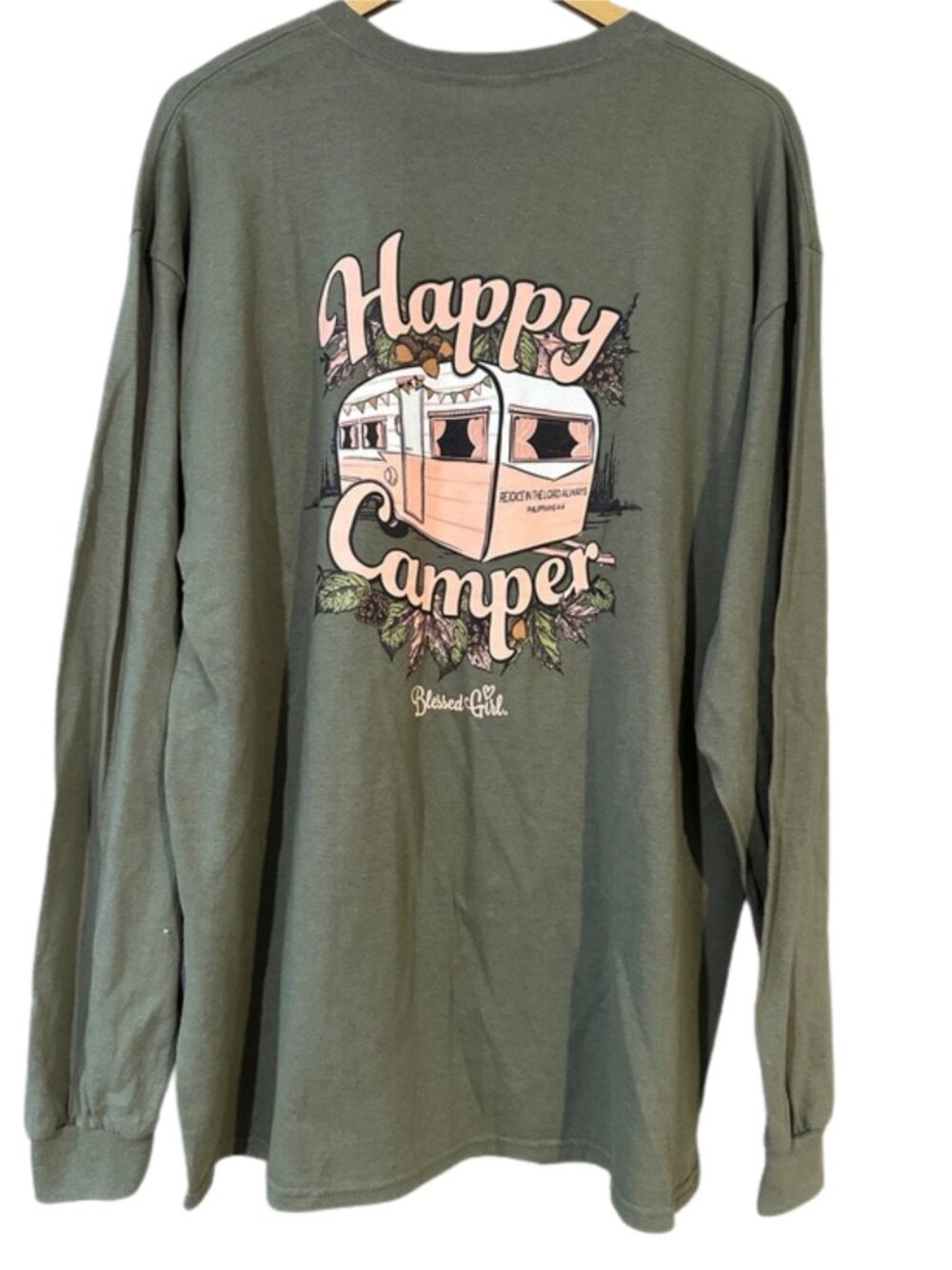 Blessed Girl “Happy Camper” Olive Green Long Sleeve Tee | Graphic Outdoors Shirt